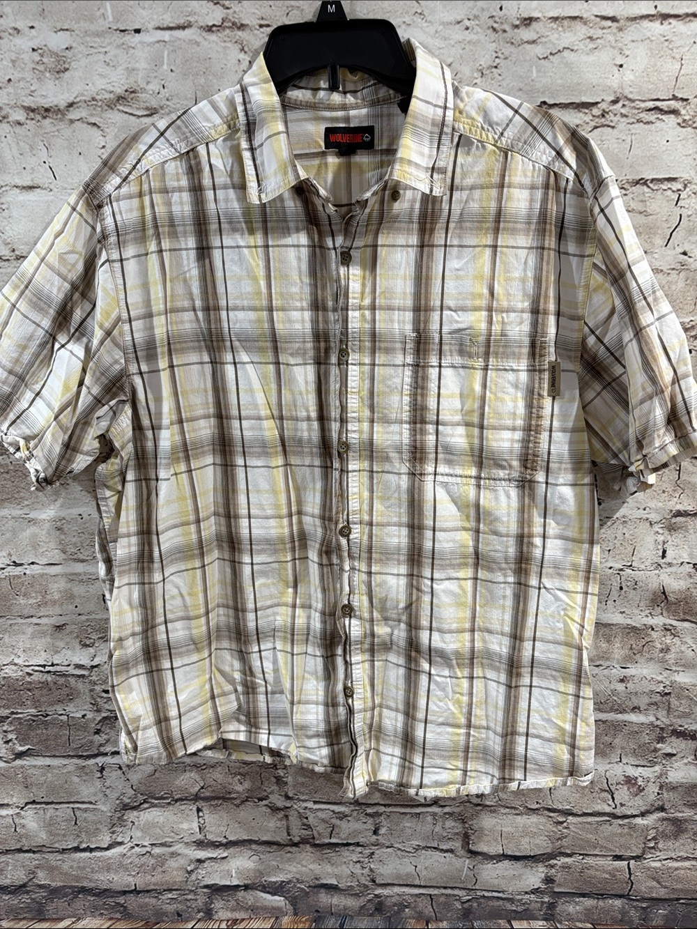 Wolverine Short Sleeve Plaid Button-Down Shirt - White, Yellow & Brown